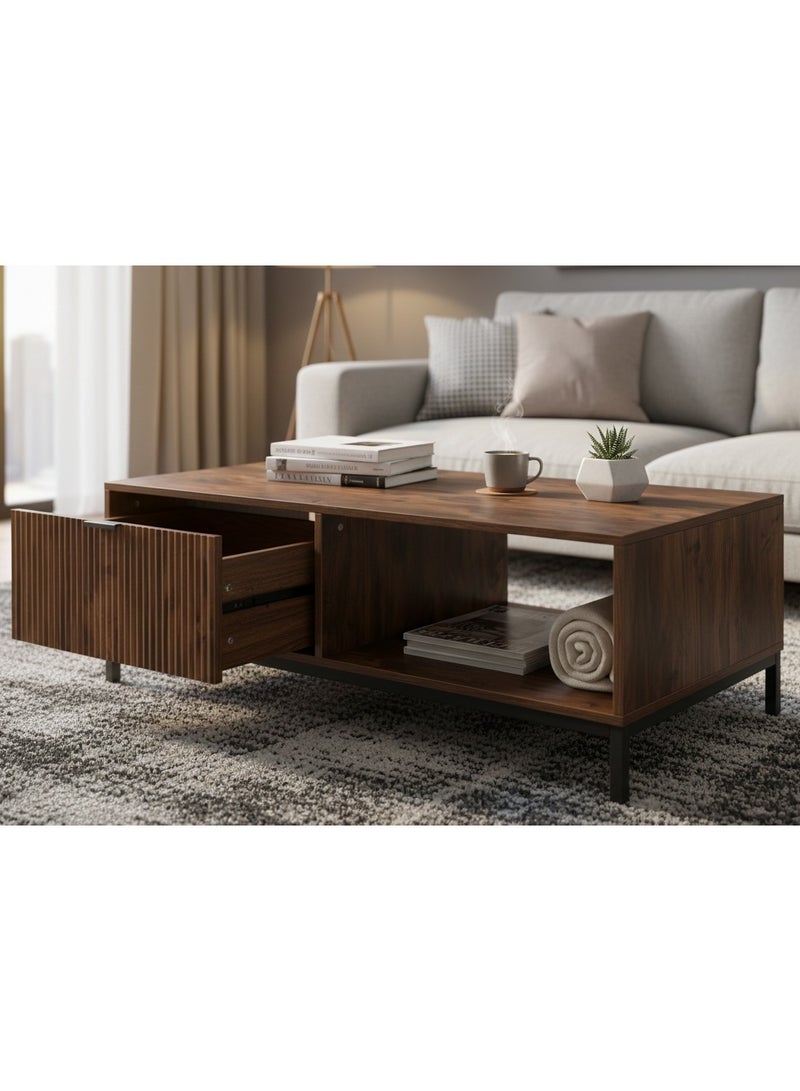 Concent Modern Coffee Table with Ribbed Wood Design and Metal Legs - Image 5
